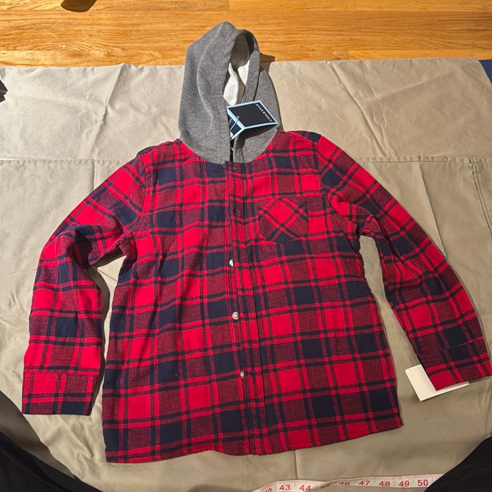 NWT, Andy and Evan plaid long sleeved flannel shirt with fleece hood